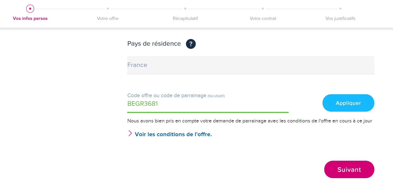 Capture d'écran de la vérification de la prise en compte du parrainage